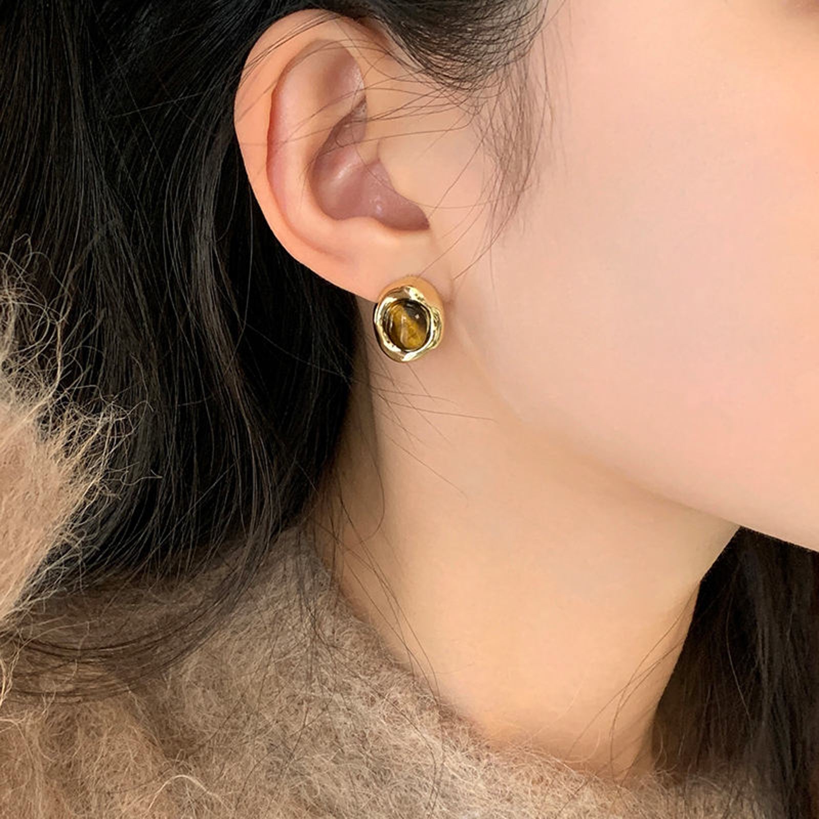 Gold Oval Coffee Bean Earrings with Brown Stone