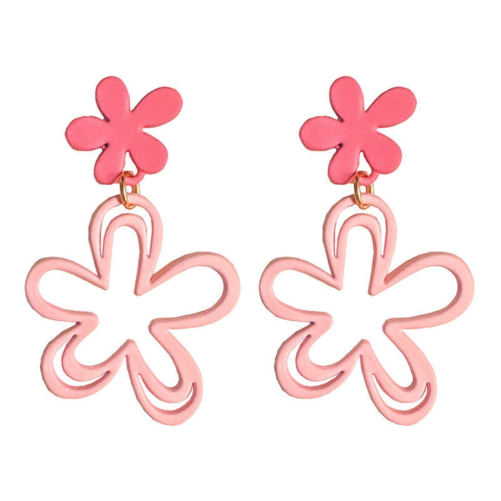 Pink Floral Drop Earrings - Two-Tone Matte Daisy Dangle Earrings