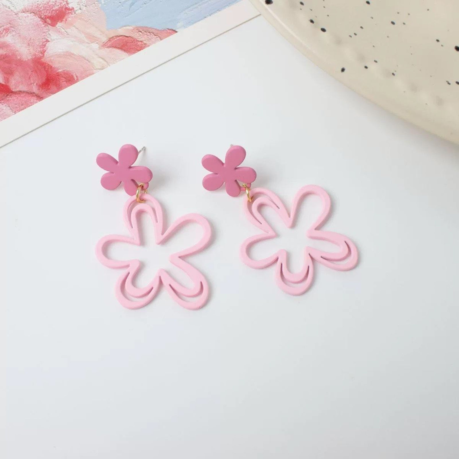 Pink Floral Drop Earrings - Two-Tone Matte Daisy Dangle Earrings