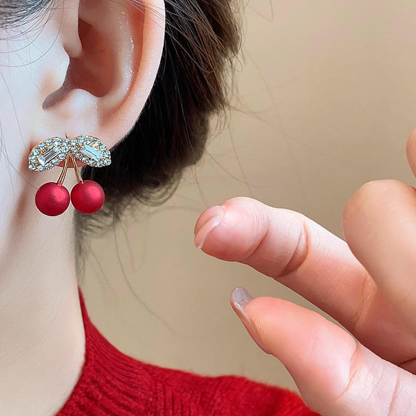 Sparkling Rhinestone Cherry Stud Earrings