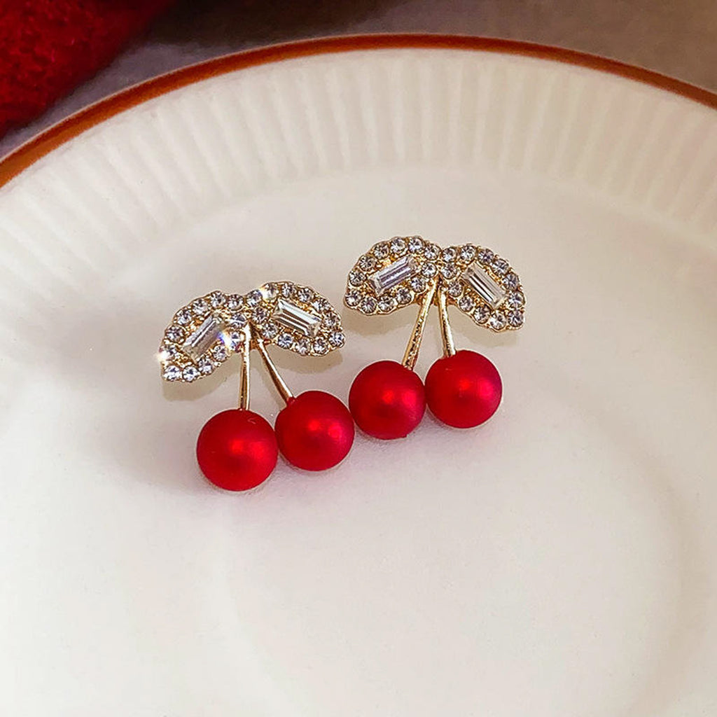 Sparkling Rhinestone Cherry Stud Earrings