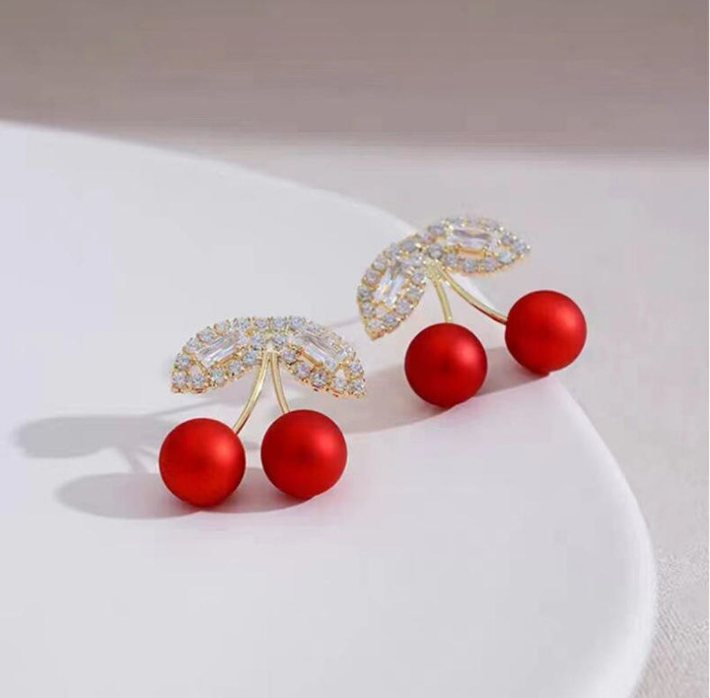 Sparkling Rhinestone Cherry Stud Earrings