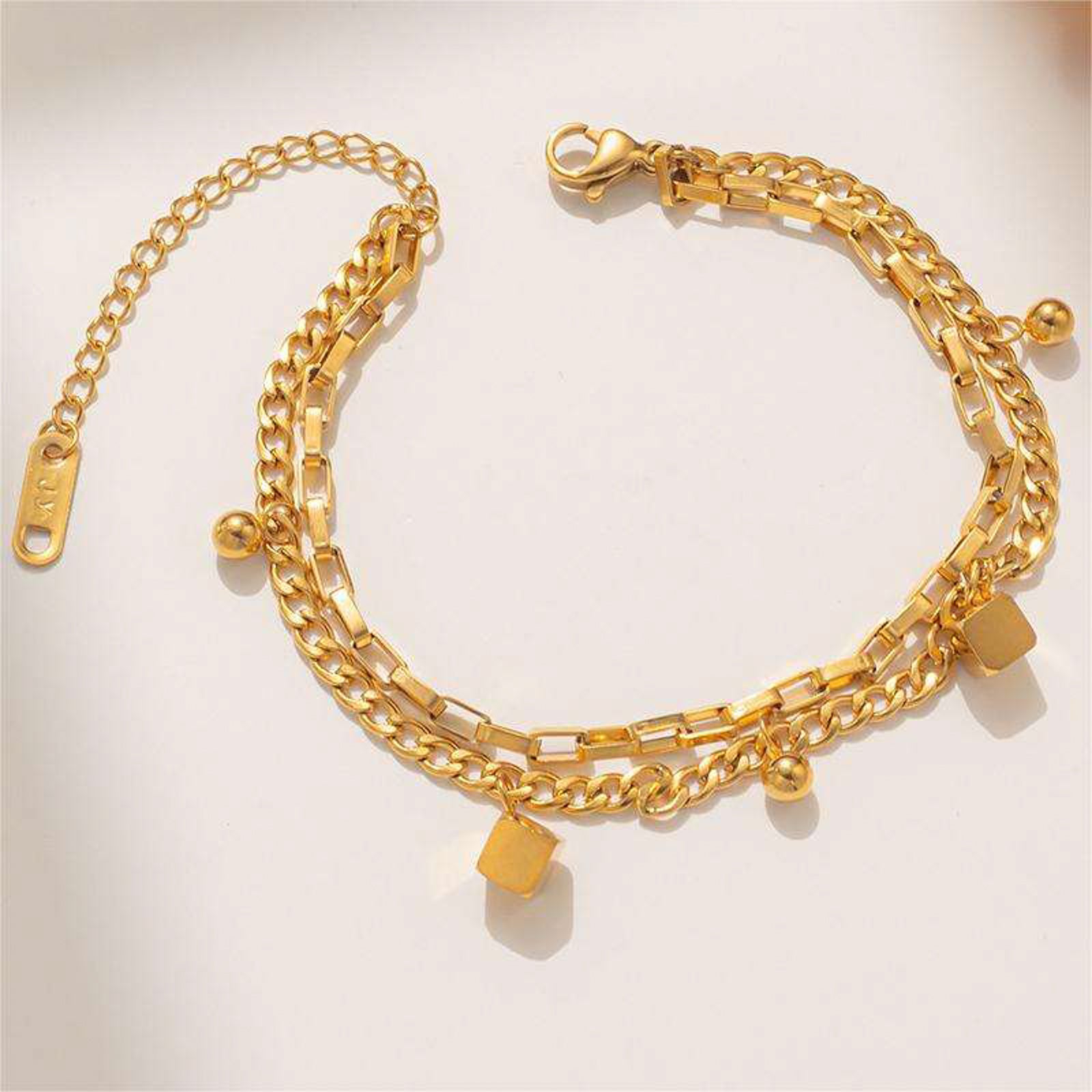 Gold Dual Chain Bracelet with Cube & Sphere Charms – Adjustable Modern Jewelry for Women