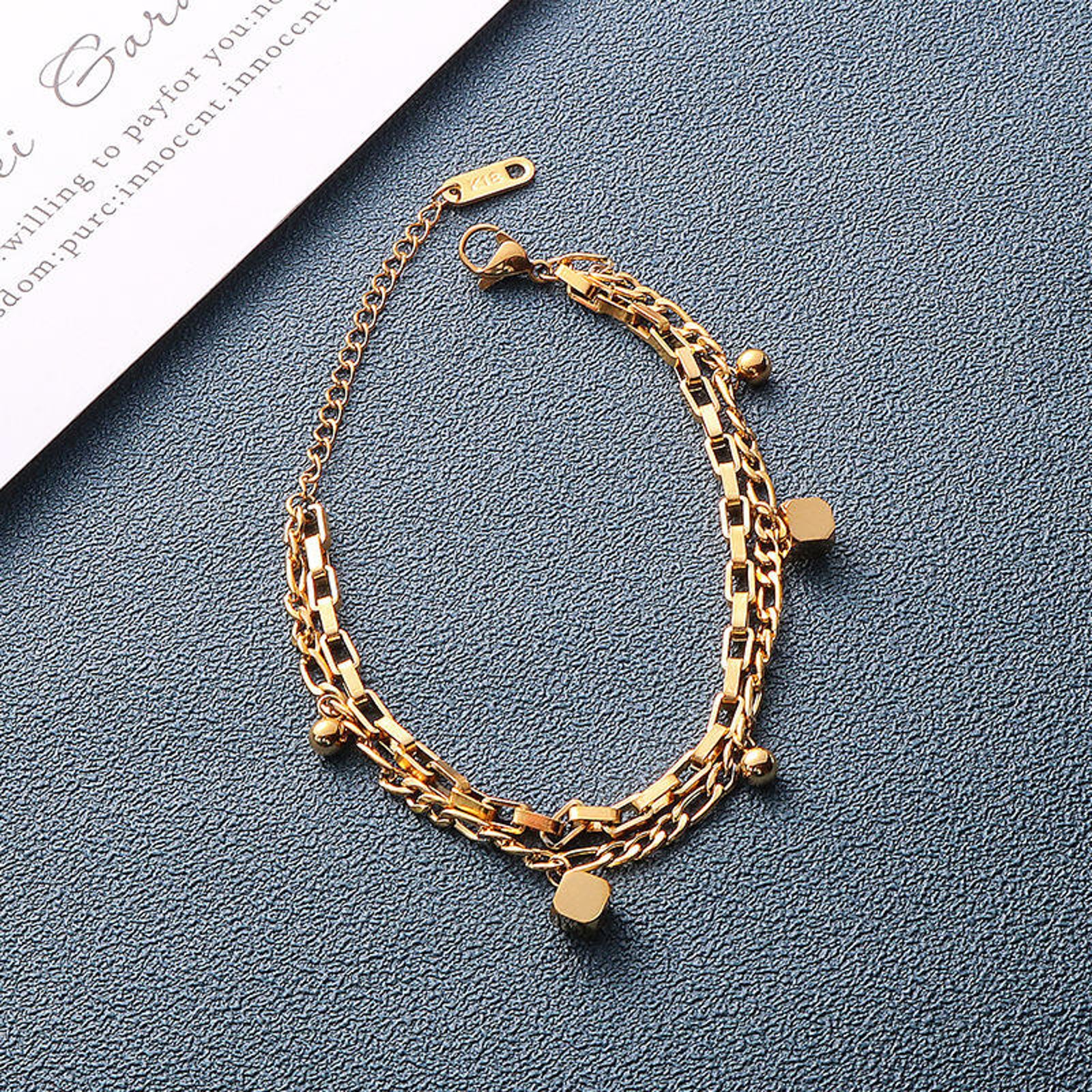 Gold Dual Chain Bracelet with Cube & Sphere Charms – Adjustable Modern Jewelry for Women