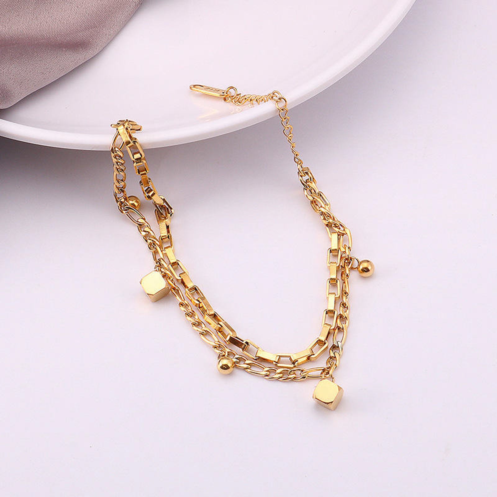 Gold Dual Chain Bracelet with Cube & Sphere Charms – Adjustable Modern Jewelry for Women