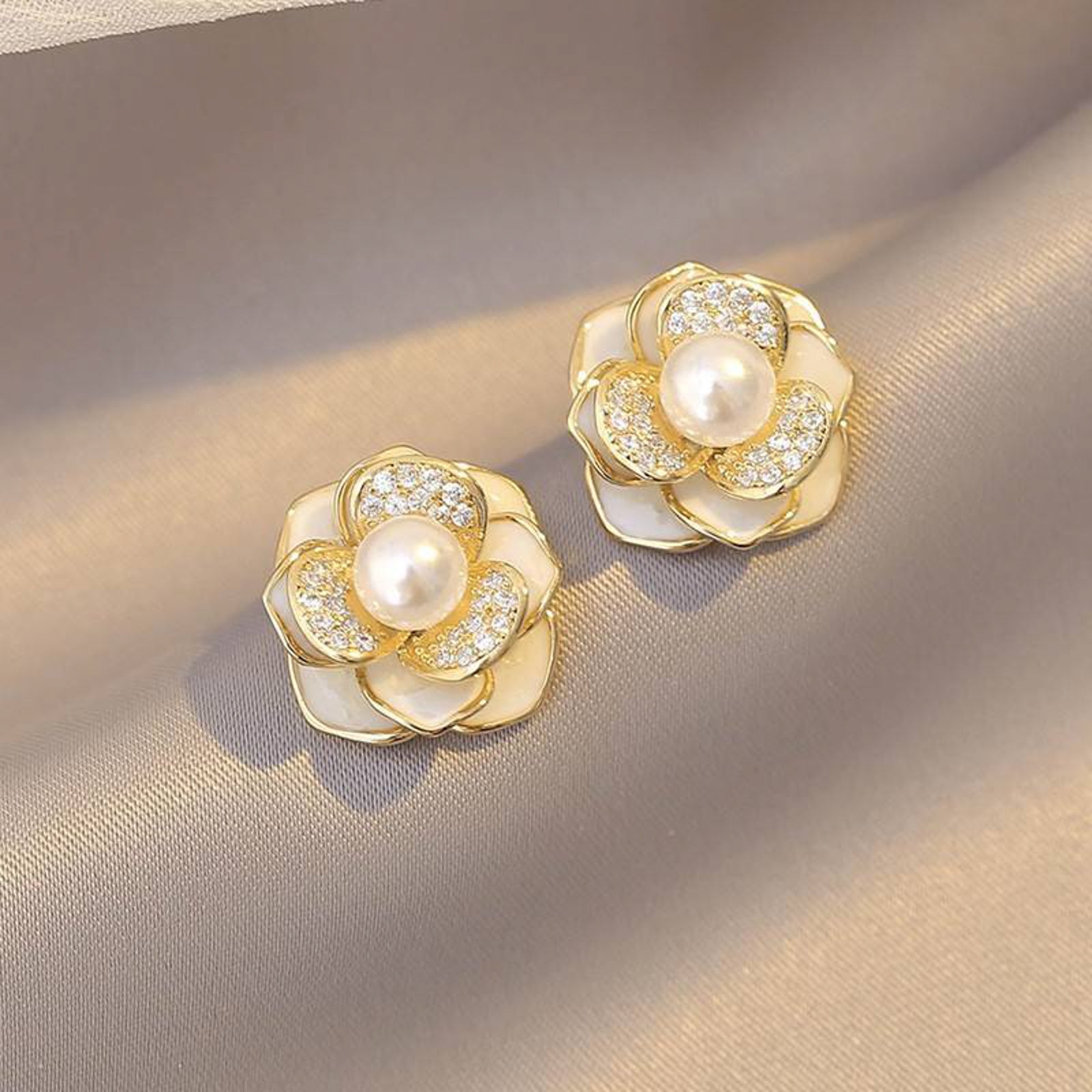 Elegant Gold-Plated Floral Pearl Stud Earrings for Women