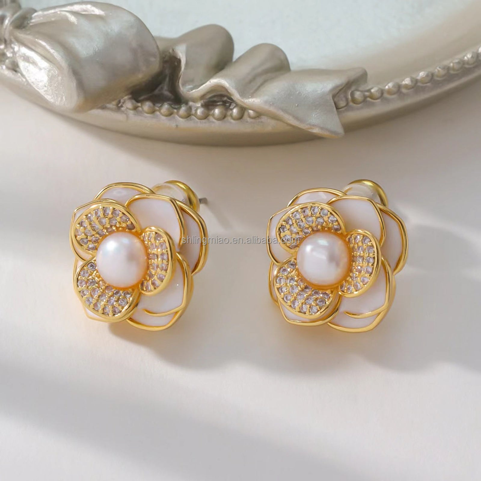 Elegant Gold-Plated Floral Pearl Stud Earrings for Women