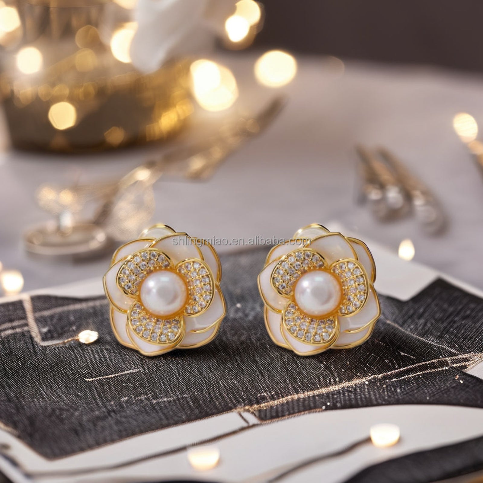 Elegant Gold-Plated Floral Pearl Stud Earrings for Women