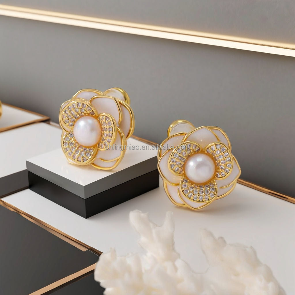 Elegant Gold-Plated Floral Pearl Stud Earrings for Women