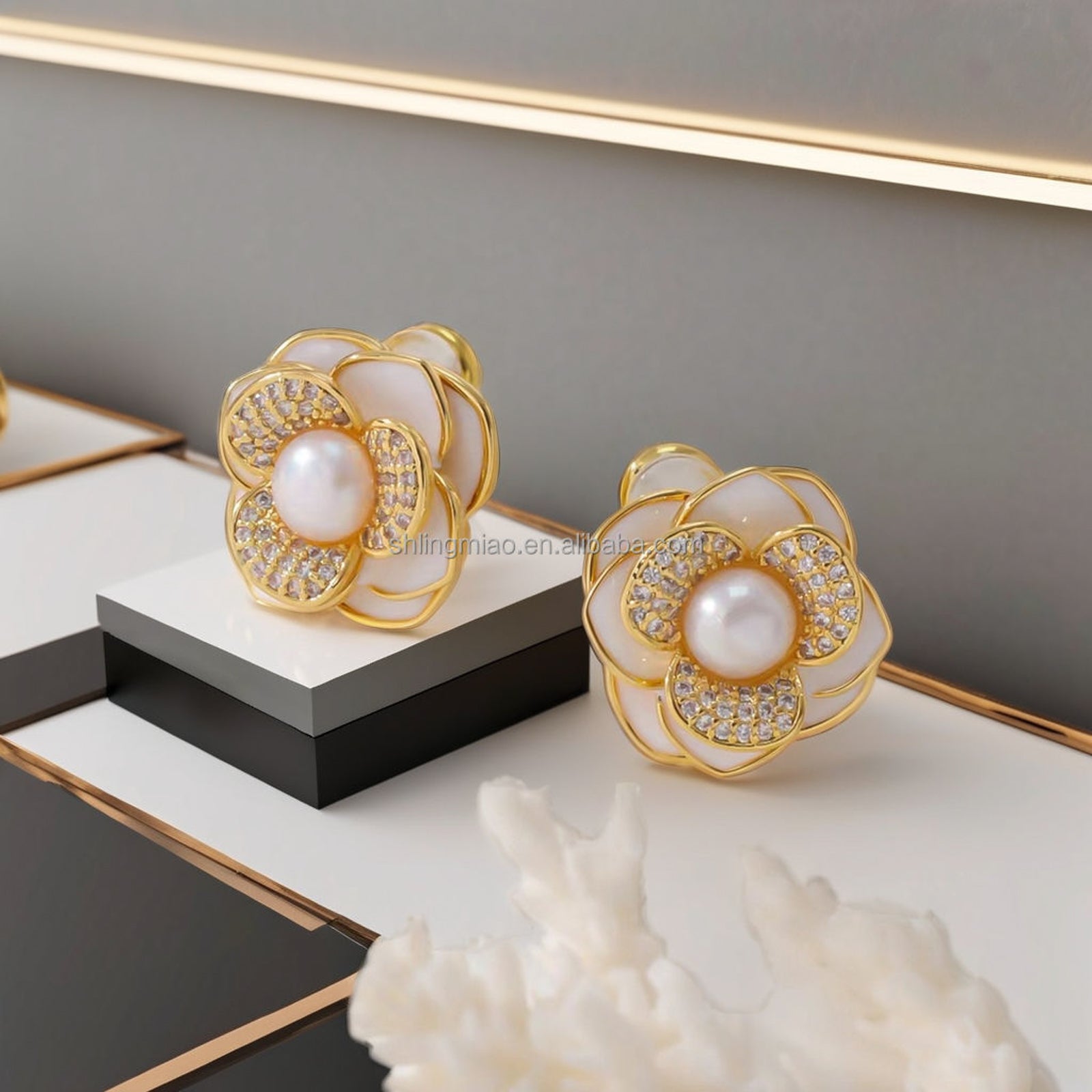 Elegant Gold-Plated Floral Pearl Stud Earrings for Women