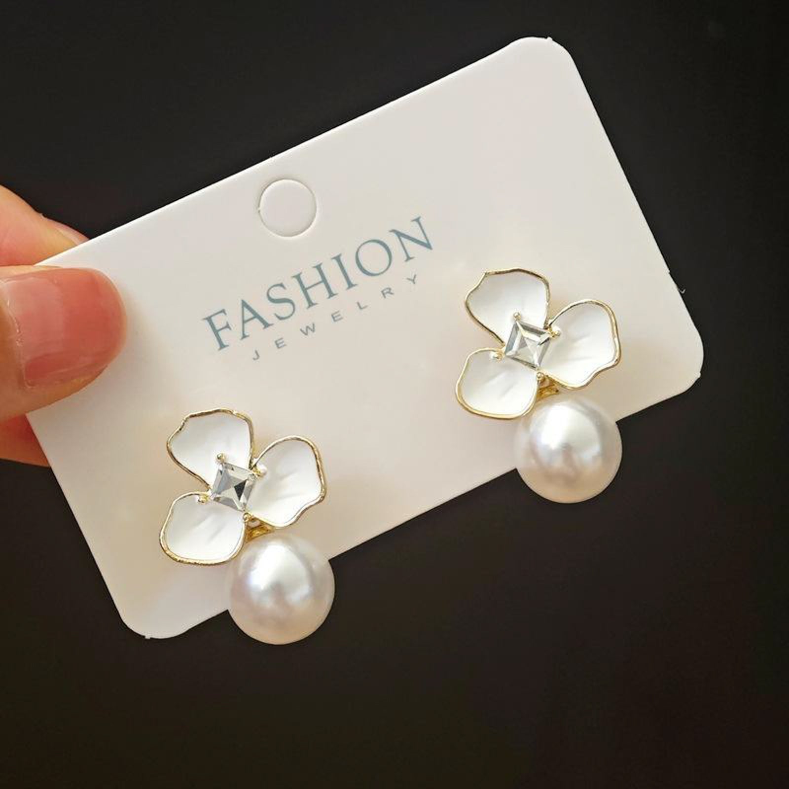 White Enamel Lily Pearl Studs