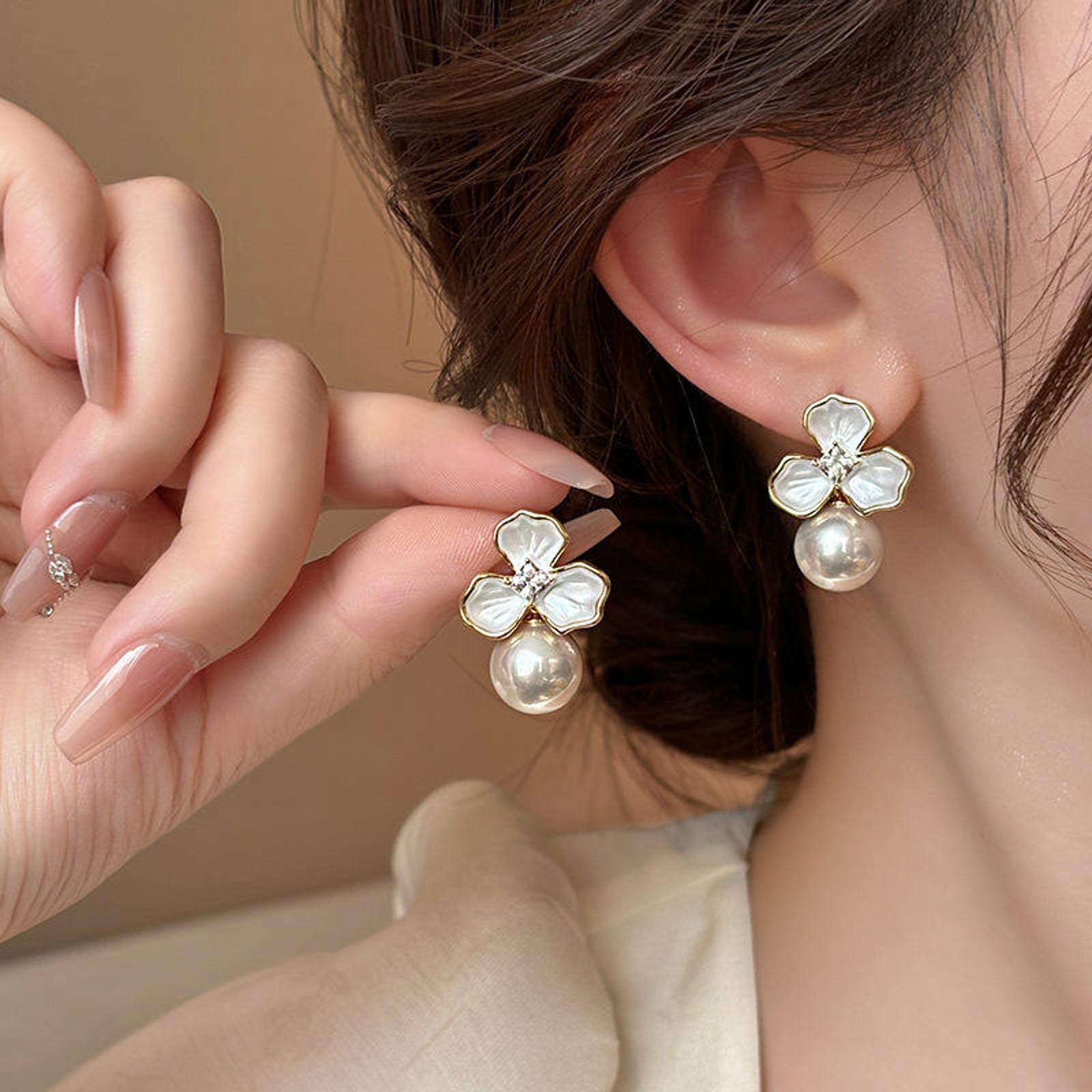 White Enamel Lily Pearl Studs