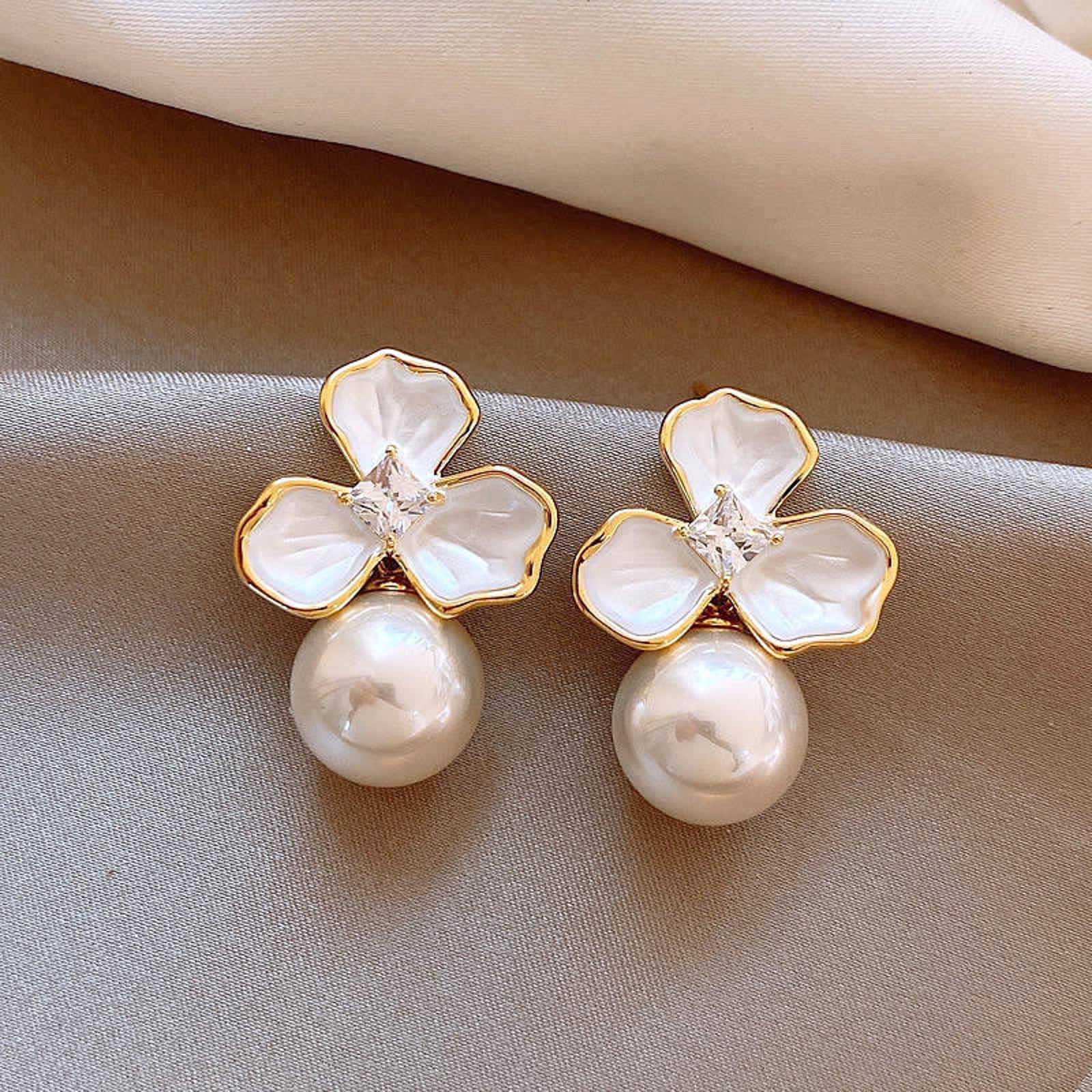 White Enamel Lily Pearl Studs