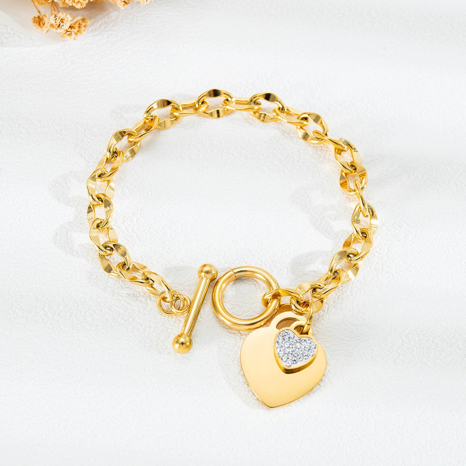 Gold Chain Bracelet with Heart Charm – Toggle Clasp Sparkling Jewelry for Women