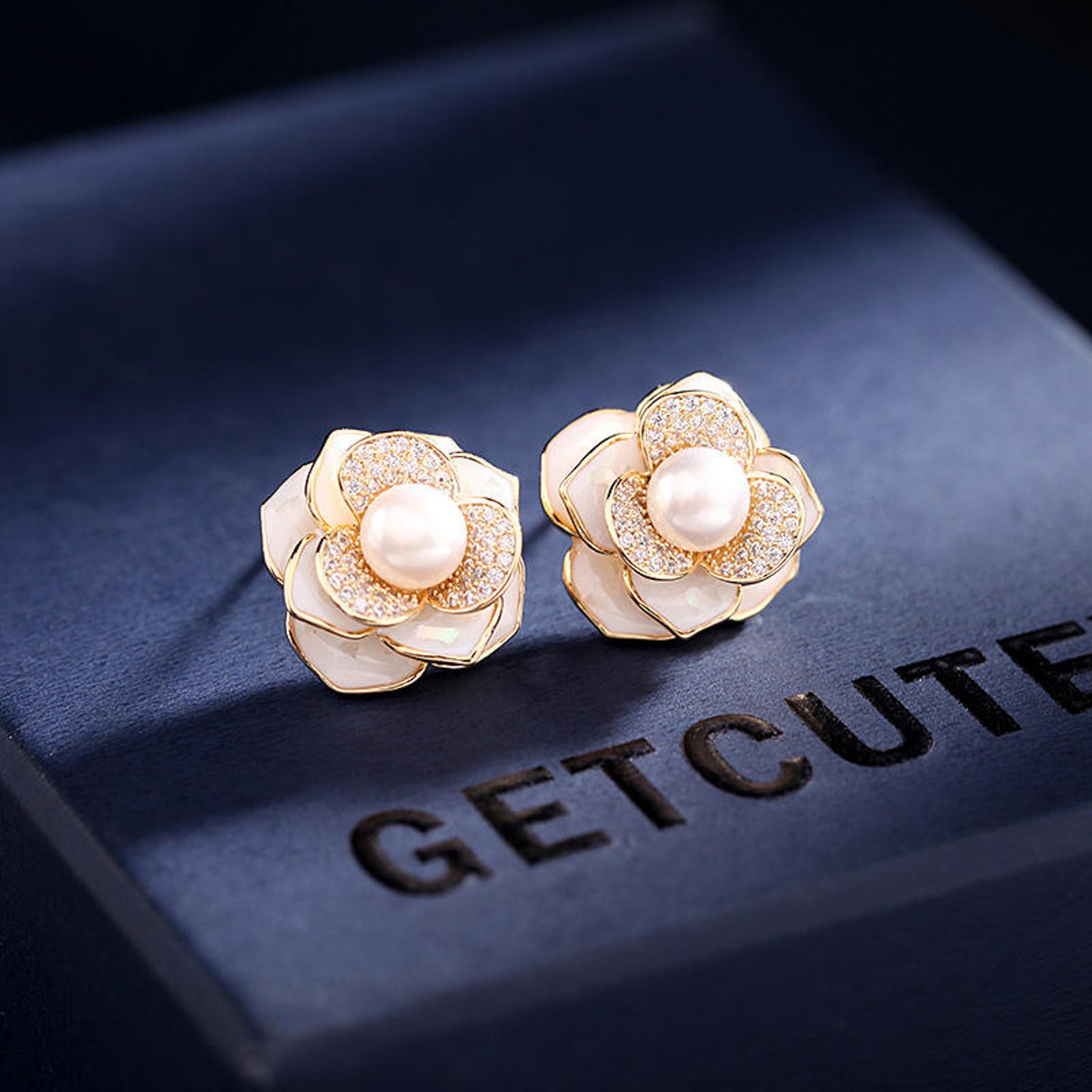 Elegant Gold-Plated Floral Pearl Stud Earrings for Women