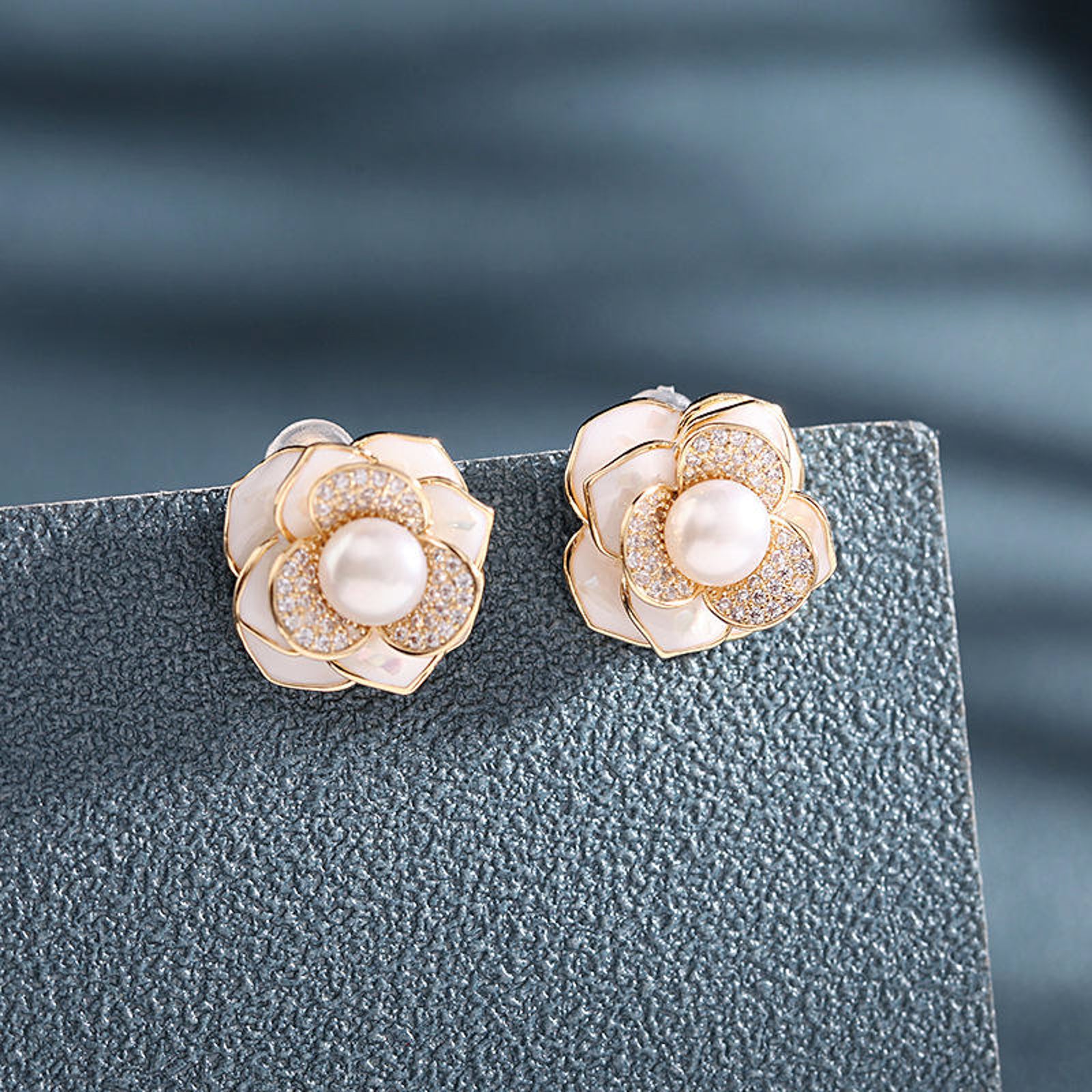 Elegant Gold-Plated Floral Pearl Stud Earrings for Women