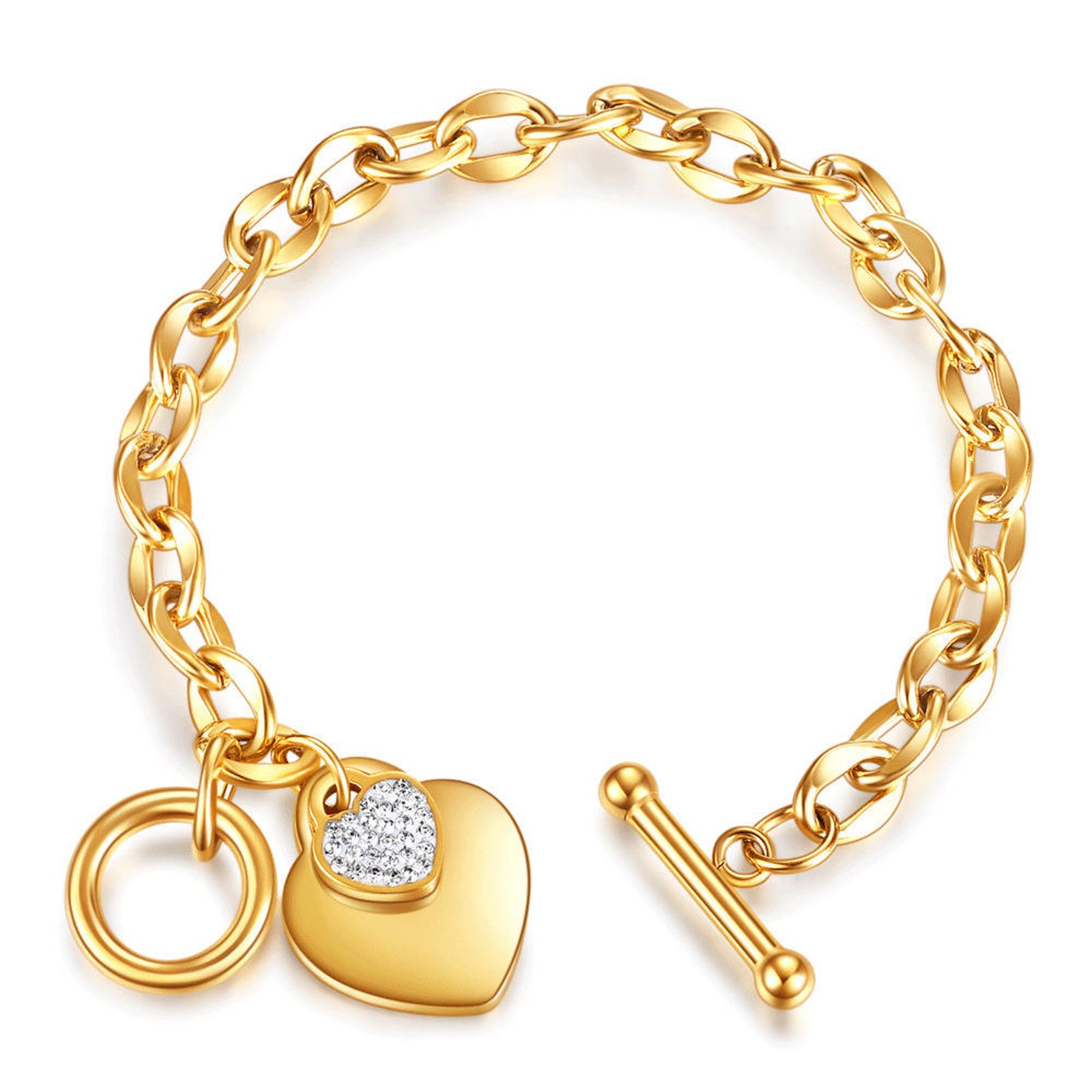 Gold Chain Bracelet with Heart Charm – Toggle Clasp Sparkling Jewelry for Women
