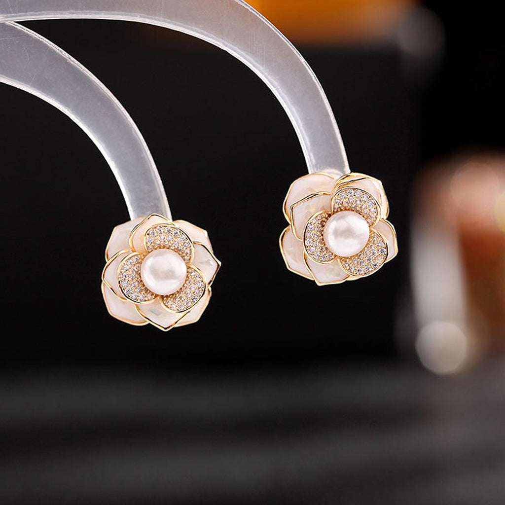 Elegant Gold-Plated Floral Pearl Stud Earrings for Women