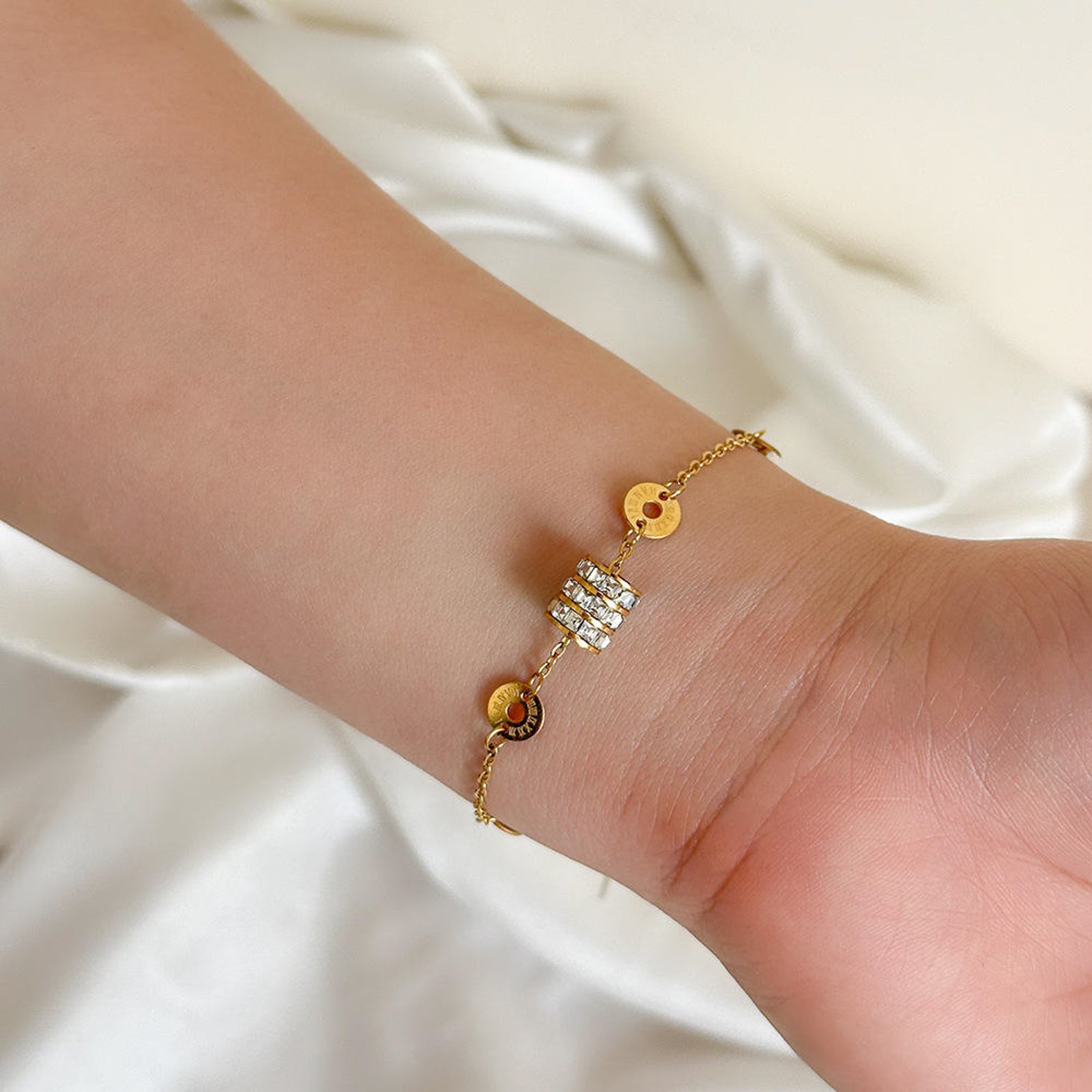 Gold Disc Charm Bracelet with Gemstone Beads