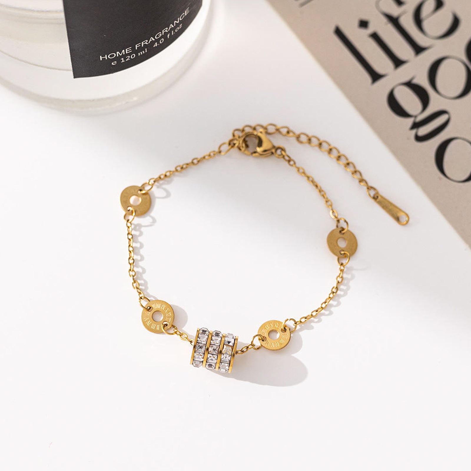 Gold Disc Charm Bracelet with Gemstone Beads