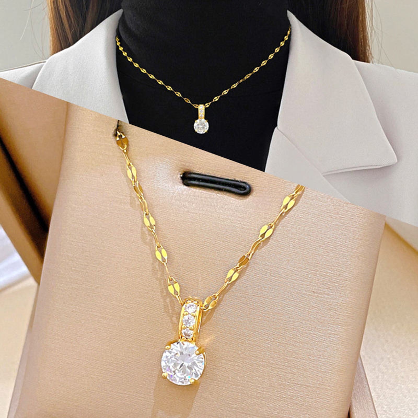Gold Plated Solitaire Pendant Necklace for Women | Elegant Crystal Chain Imitation Jewellery