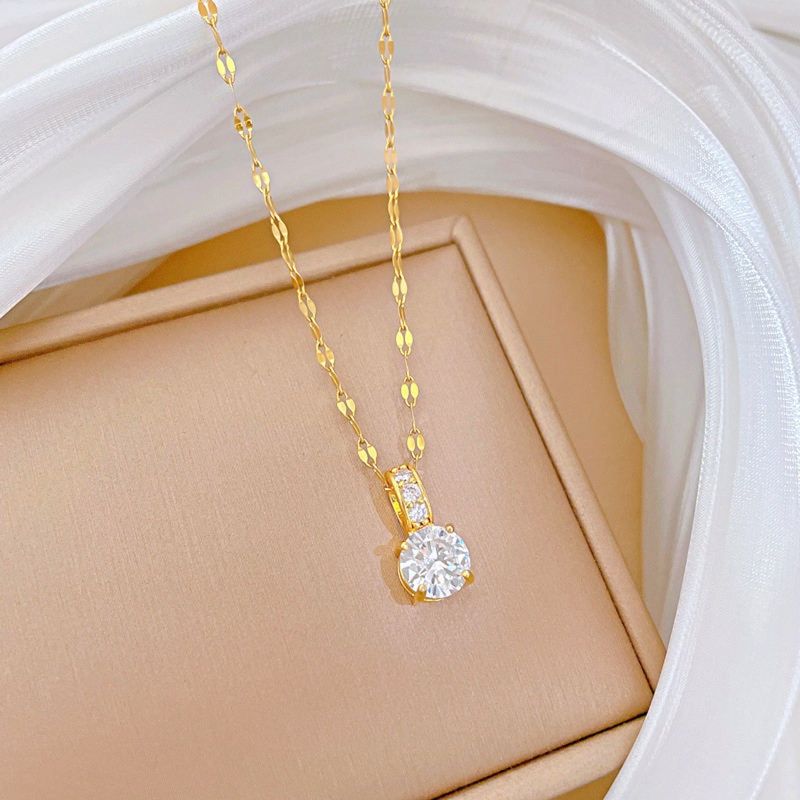 Gold Plated Solitaire Pendant Necklace for Women | Elegant Crystal Chain Imitation Jewellery