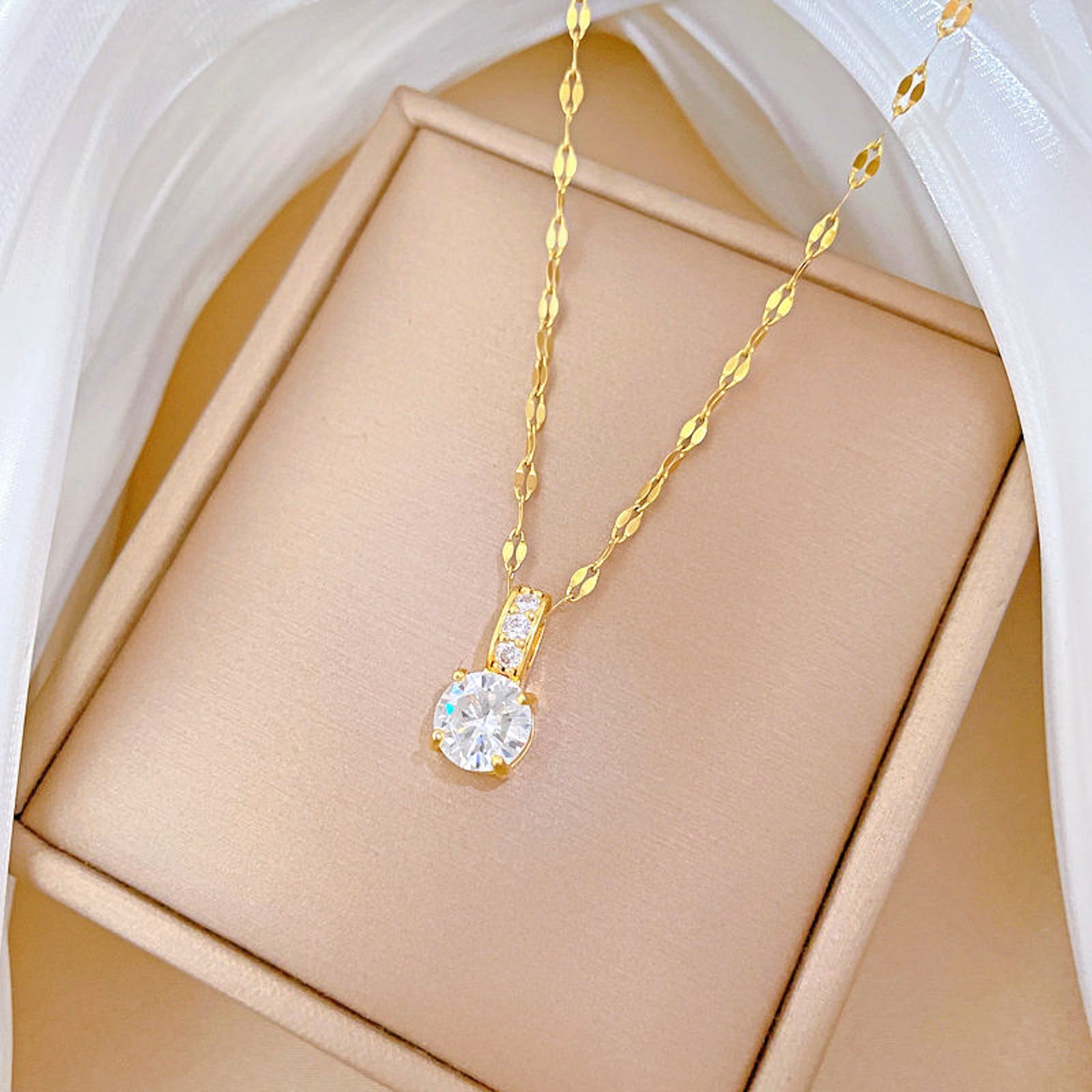 Gold Plated Solitaire Pendant Necklace for Women | Elegant Crystal Chain Imitation Jewellery