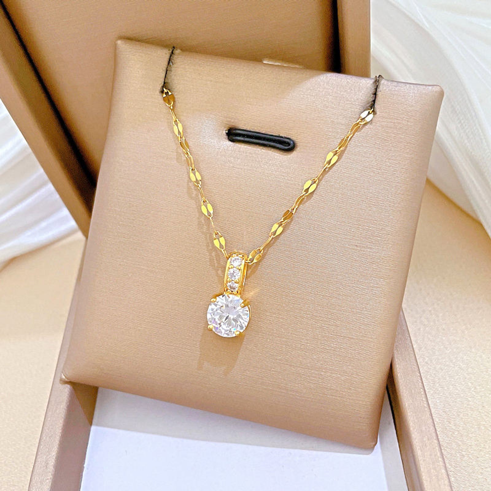 Gold Plated Solitaire Pendant Necklace for Women | Elegant Crystal Chain Imitation Jewellery