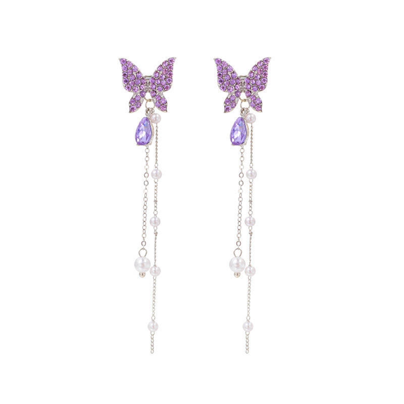 Purple Butterfly Dangle Earrings for Women – Silver, Crystal & Pearl Chain Design