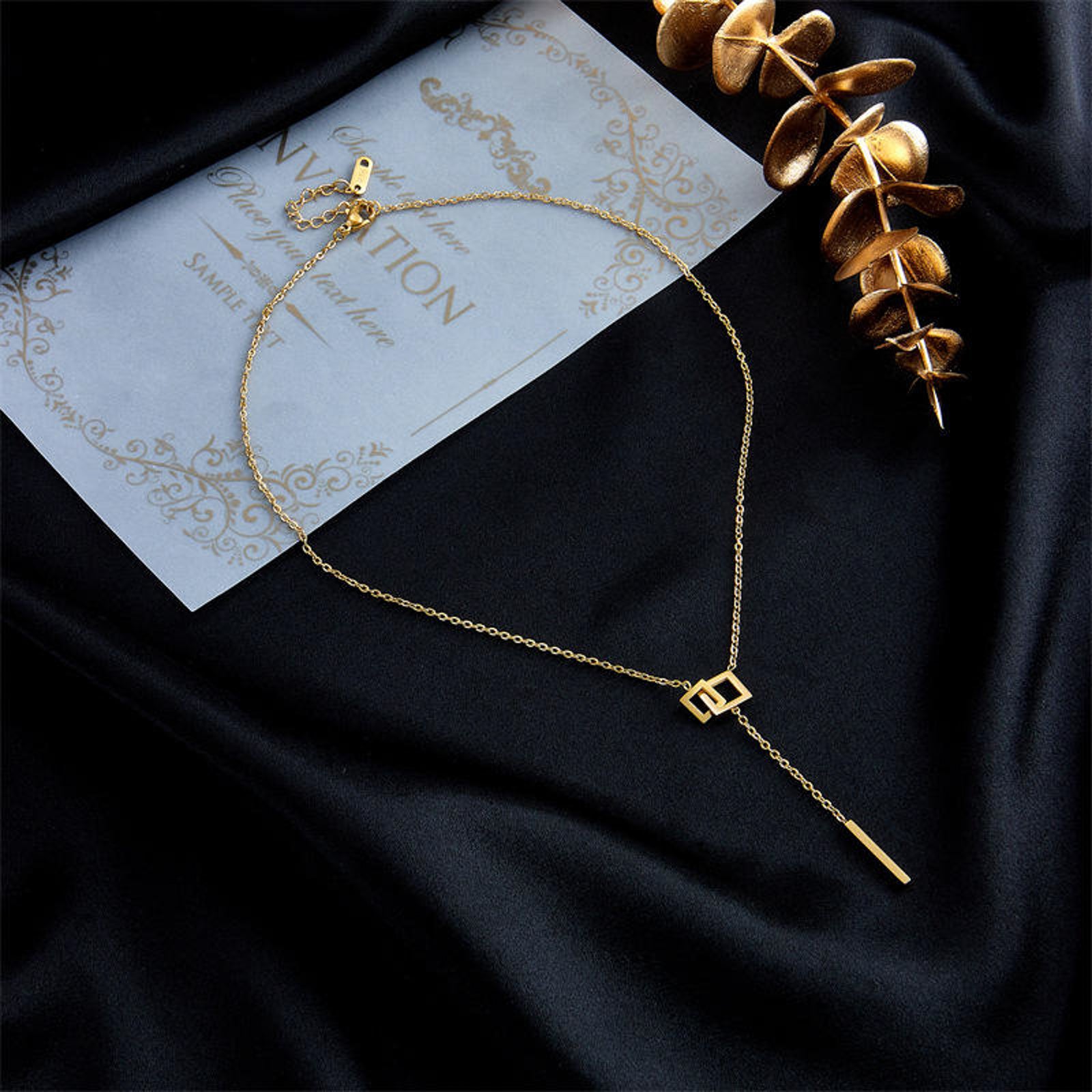 Gold Plated Geometric Lariat Necklace for Women | Minimal Square Pendant Y-Chain Imitation Jewellery