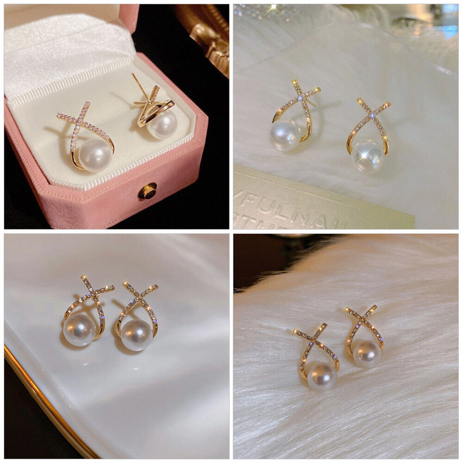 X-Shaped Gold Loop Earrings with White Pearl & Sparkling Stones – Party Wear Jewelry for Women & Girls