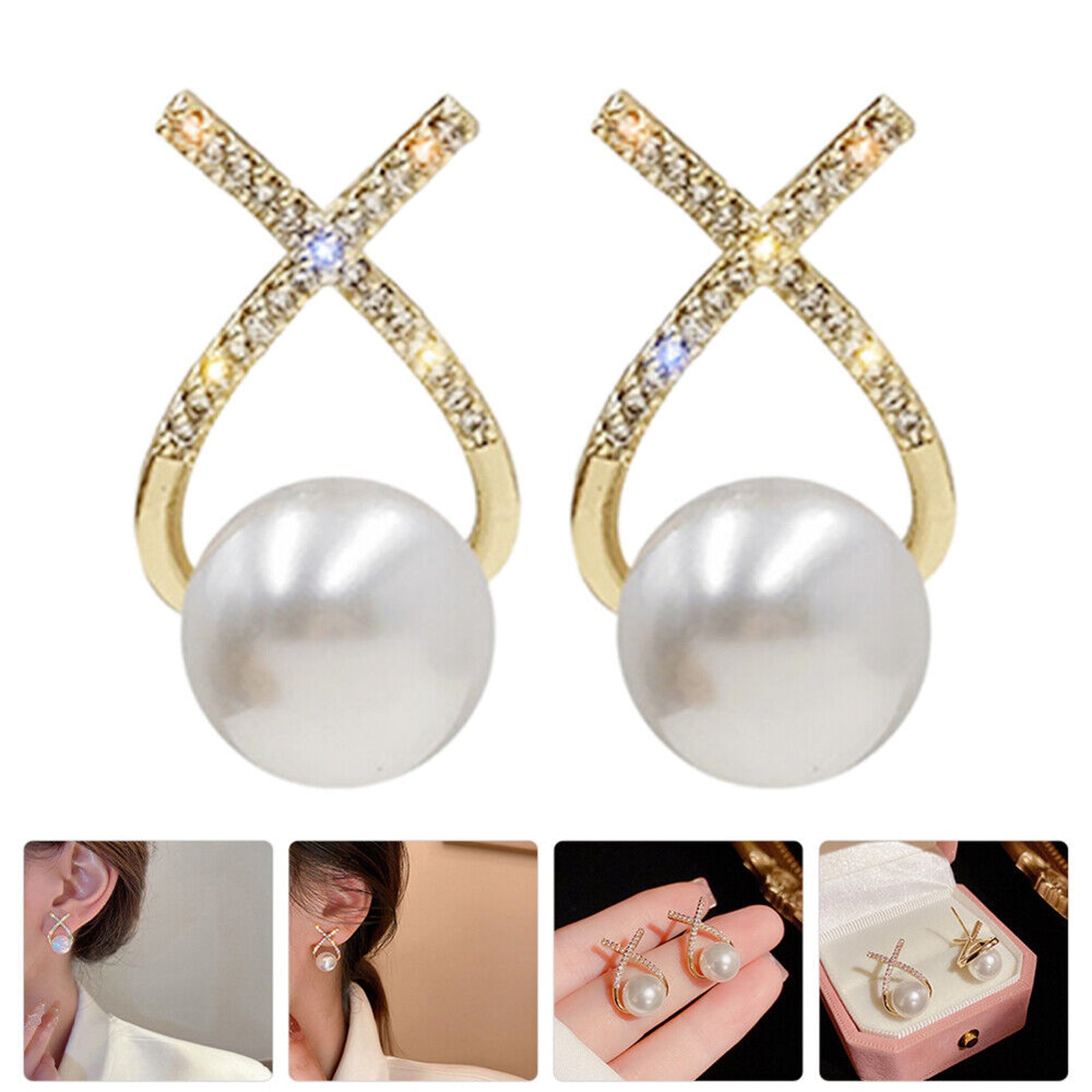 X-Shaped Gold Loop Earrings with White Pearl & Sparkling Stones – Party Wear Jewelry for Women & Girls