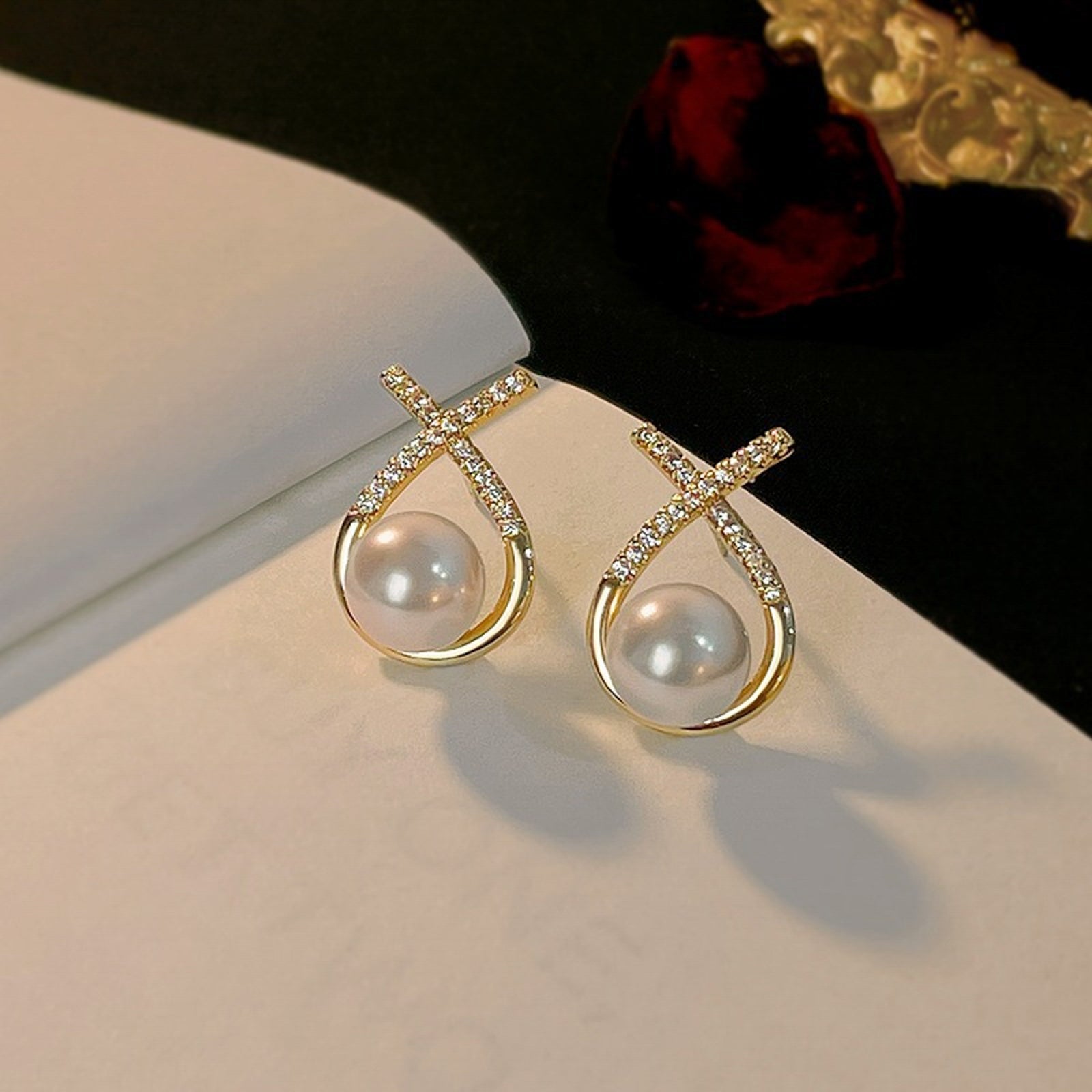 X-Shaped Gold Loop Earrings with White Pearl & Sparkling Stones – Party Wear Jewelry for Women & Girls