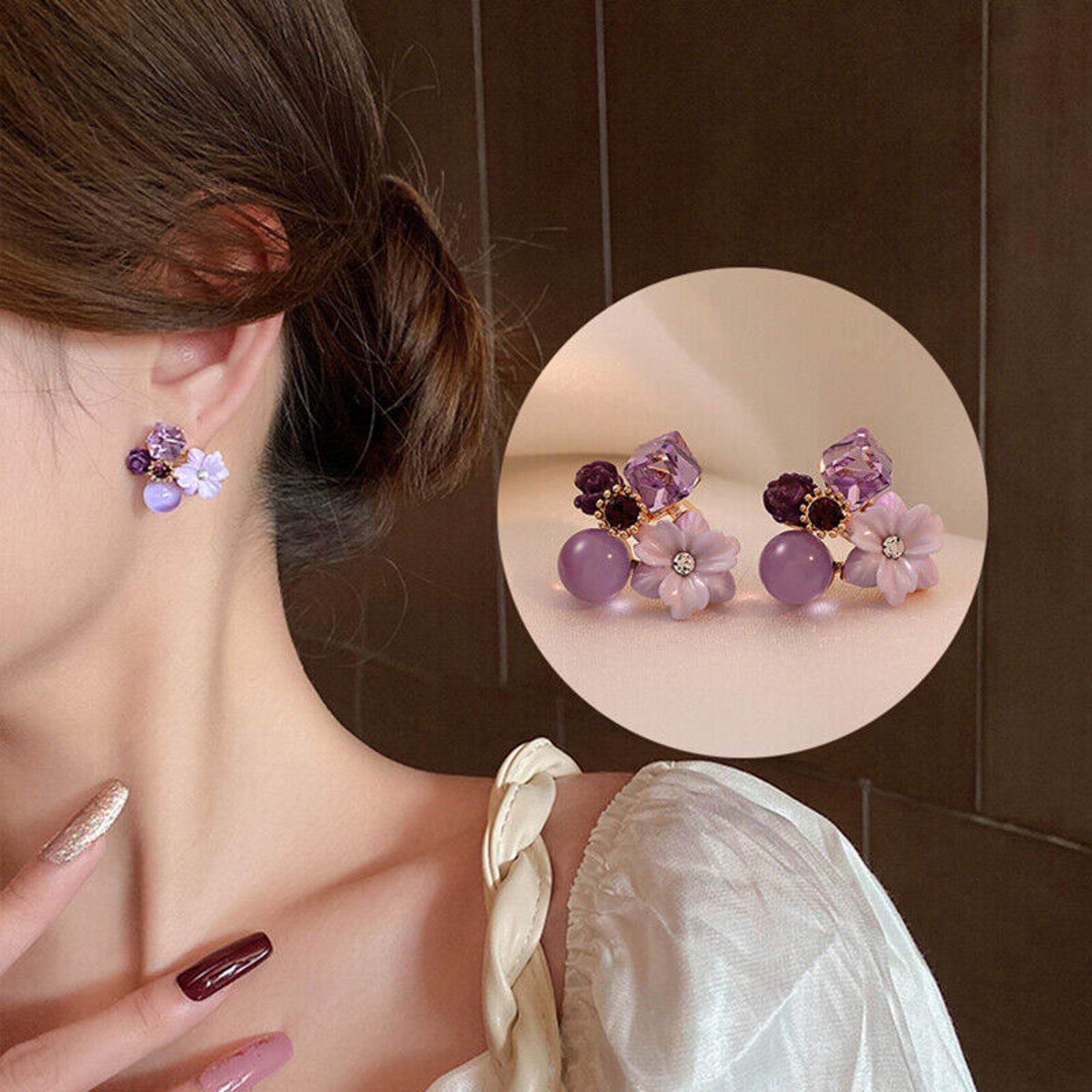 Purple Floral Crystal Stud Earrings