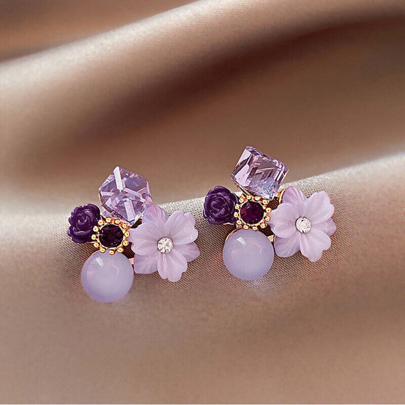 Purple Floral Crystal Stud Earrings