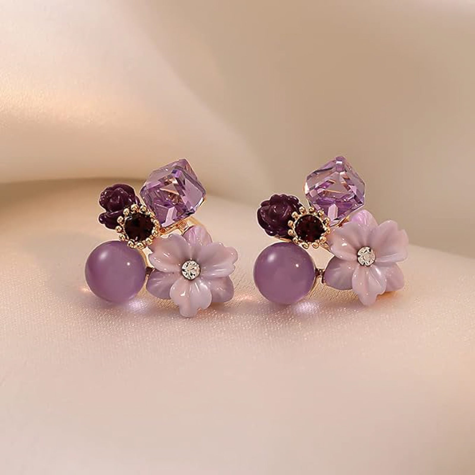 Purple Floral Crystal Stud Earrings