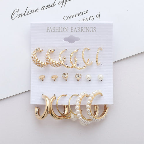 9-Pair Gold-Toned Fashion Jewelry Earring Set – Studs, Hoops & Pearl Drops for Women & Girls