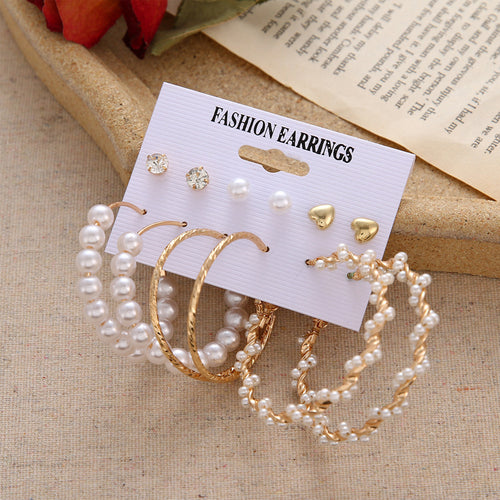 6-Pair Gold-Tone Earring Set for Women – Studs, Hoops & Pearl Accents