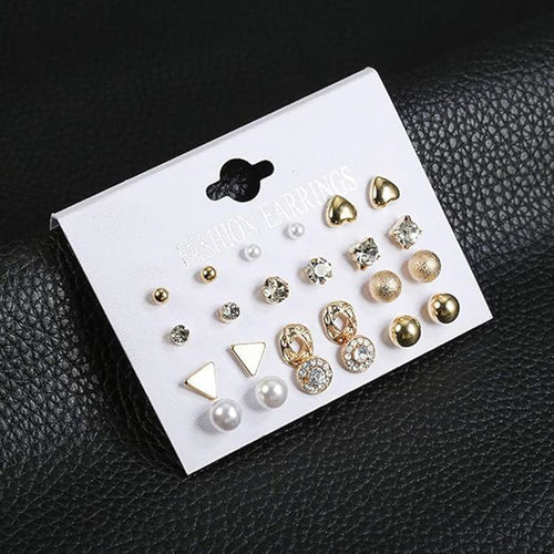 12-Pair Stud Earring Set for Women – Gold-Tone, Pearl & Rhinestone Designs