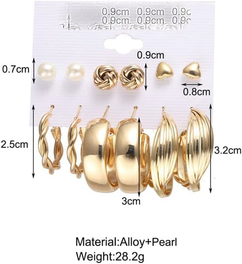 6-Pair Gold-Toned Stud & Hoop Earring Set – Daily & Party Wear Fashion Jewelry for Women & Girls