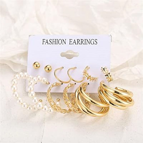6-Pair Gold-Tone Fashion Earrings Set – Studs, Hoops & Pearl Accents for Women