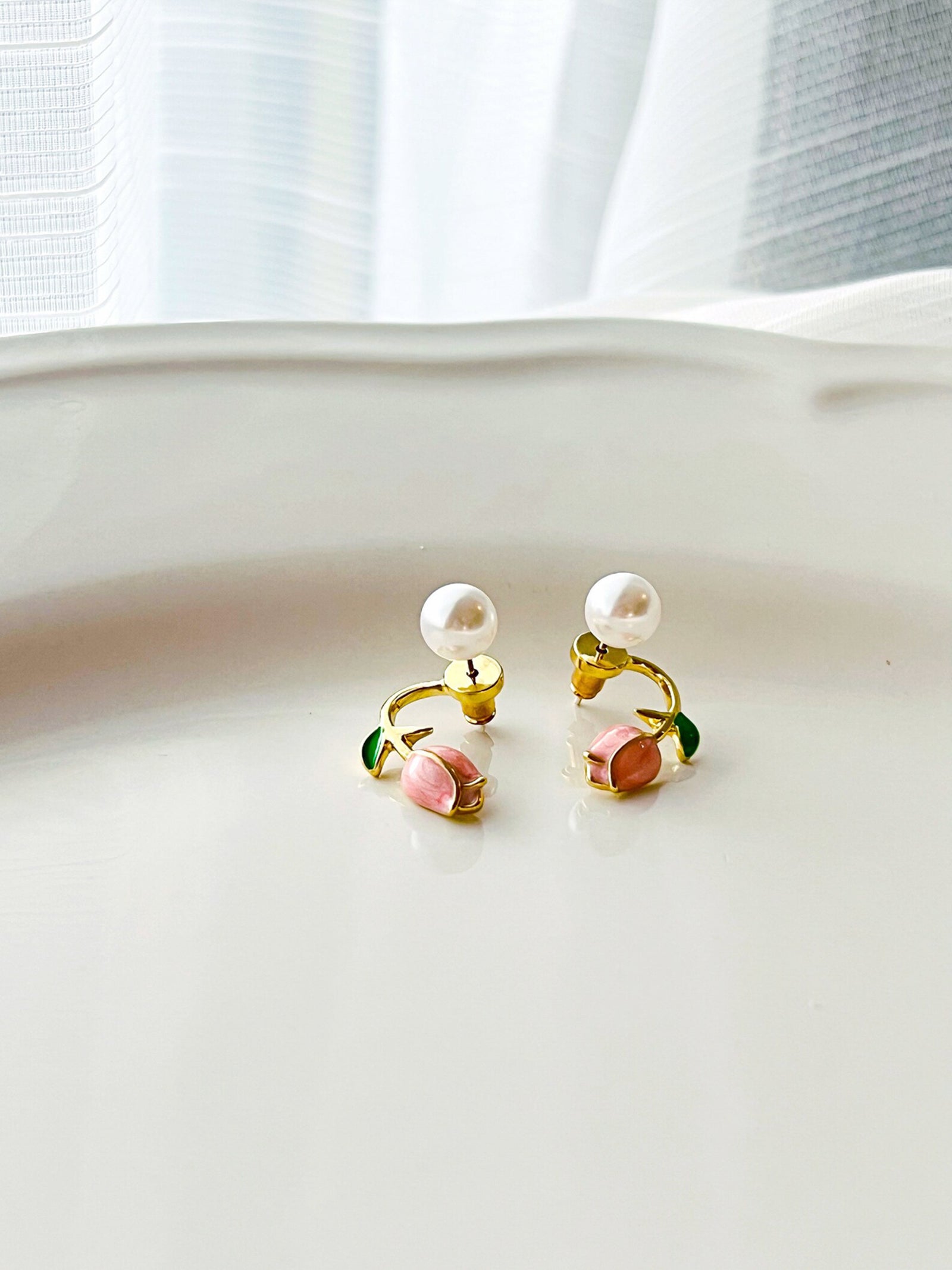 Pearl Rosebud Stud Earrings with Green Leaf Accent