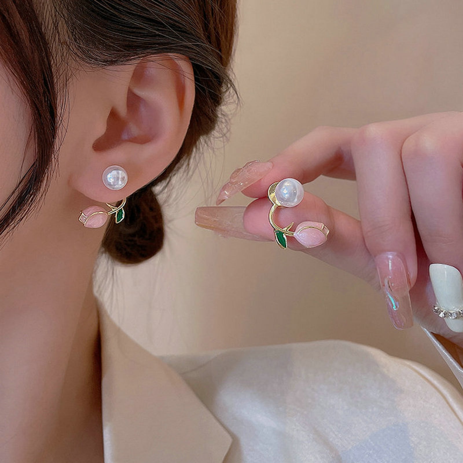 Pearl Rosebud Stud Earrings with Green Leaf Accent