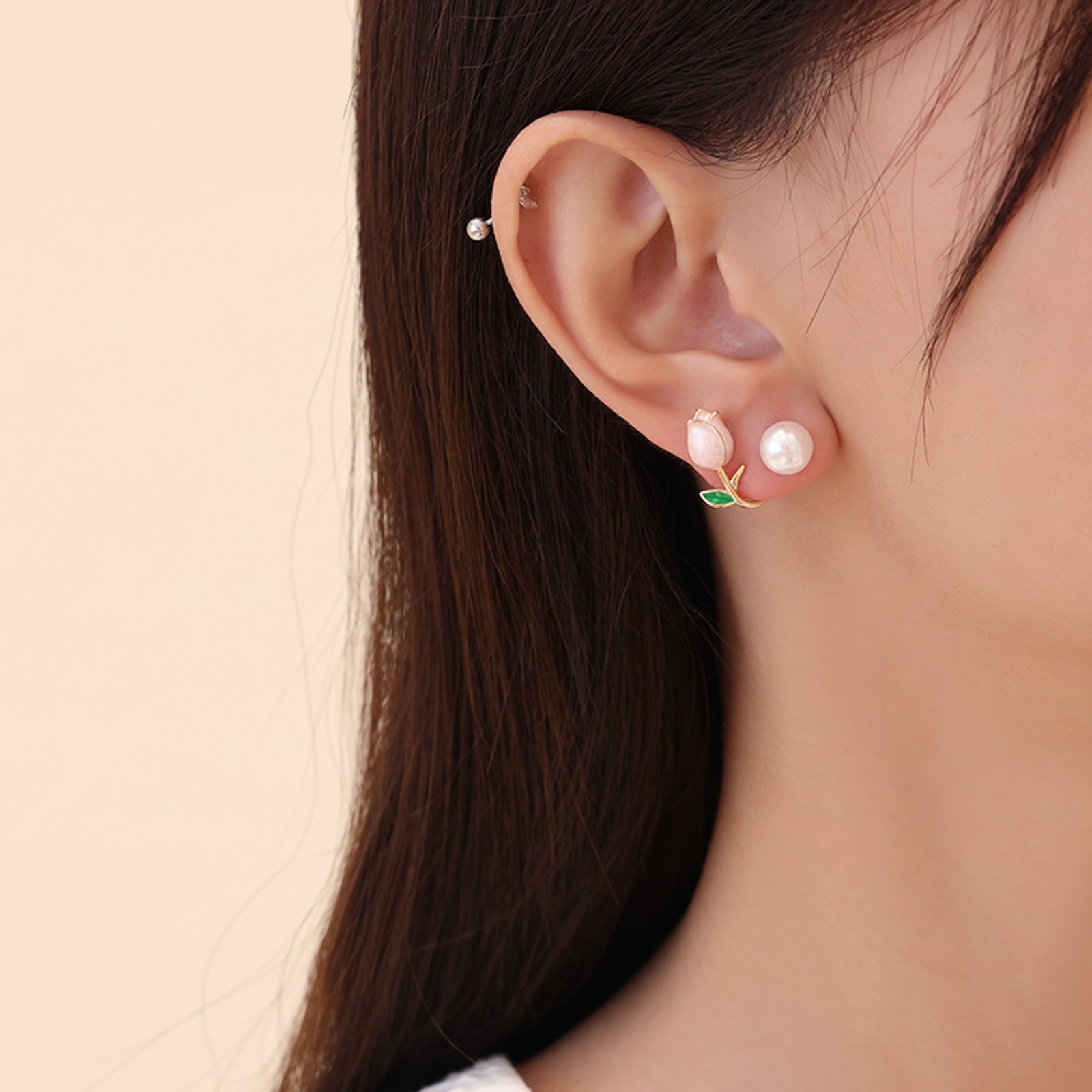Pearl Rosebud Stud Earrings with Green Leaf Accent